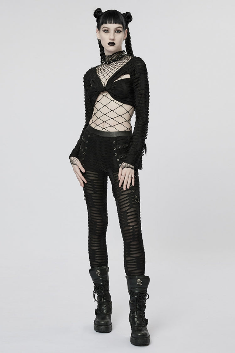 Slim Ripped Tie-Dyed Metal Loop Steampunk Leggings, Two Shades