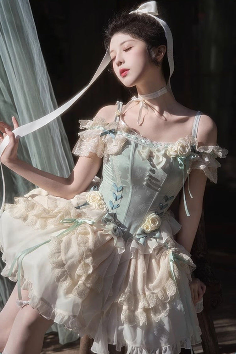 Green Off-Shoulder Bow Lace Ballet Tiered Dress