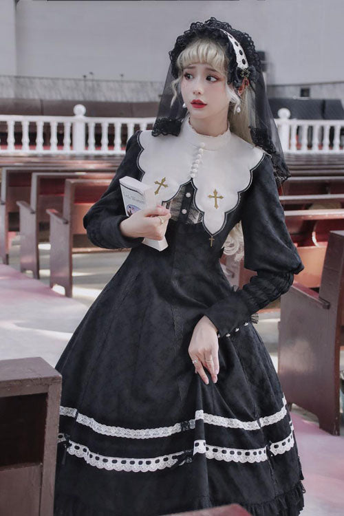 Black Cross Church Lace Long Sleeve Ruffled Classic Lolita OP Dress - Altfashion Shop