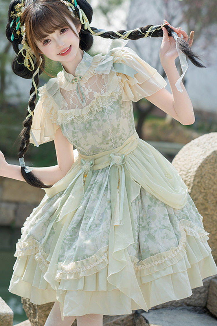 Jade Chiffon Double-Ruffle Bowknot Lace Chinese-Style Lolita Dress