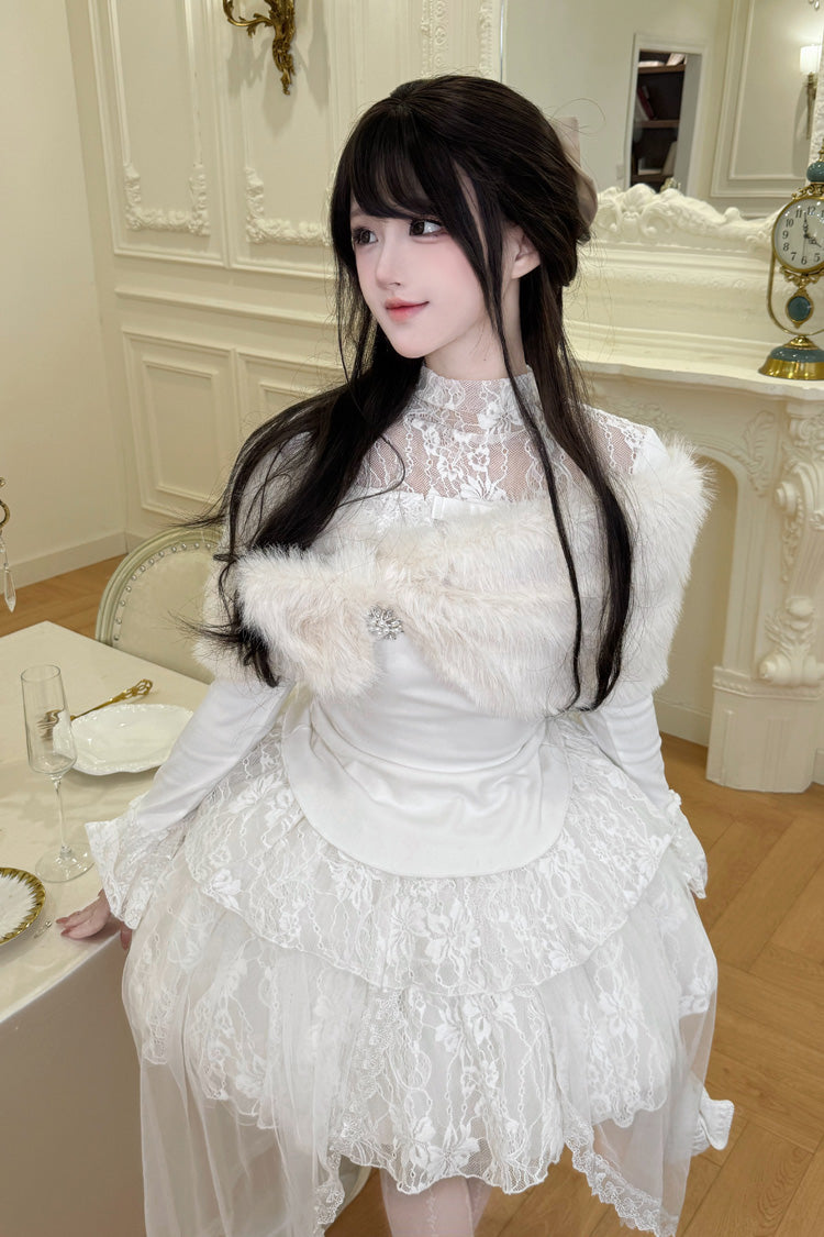 Ivory Long Sleeve Lace Irregular Sweet Skirt Set