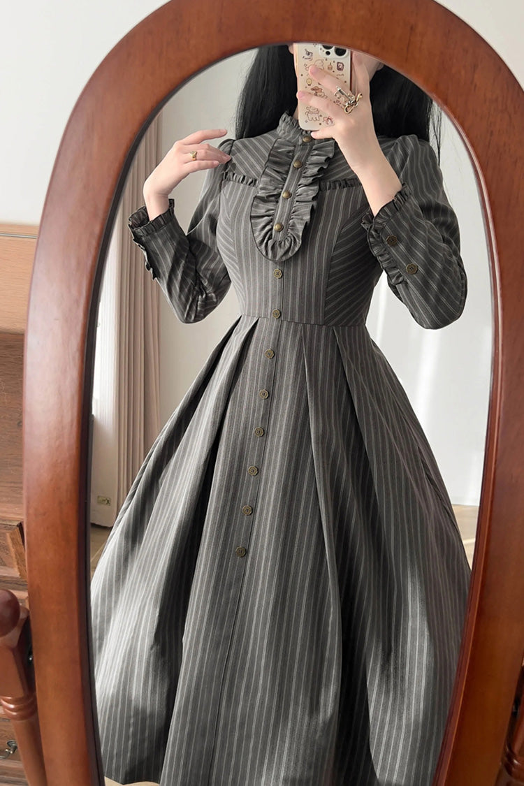 Striped Printed Ruffled Dress - Forest Castle