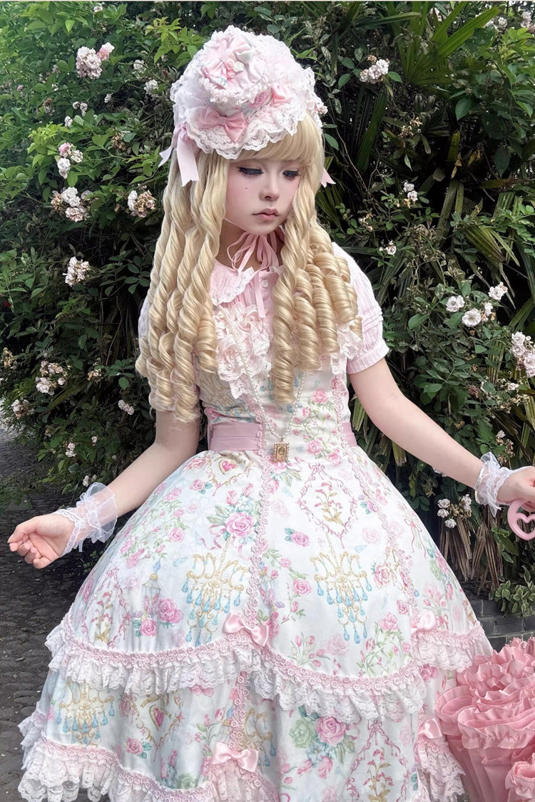 Ivory & Pink Sleeveless Floral Wall Print Lace Bow Sweet Lolita JSK Dress