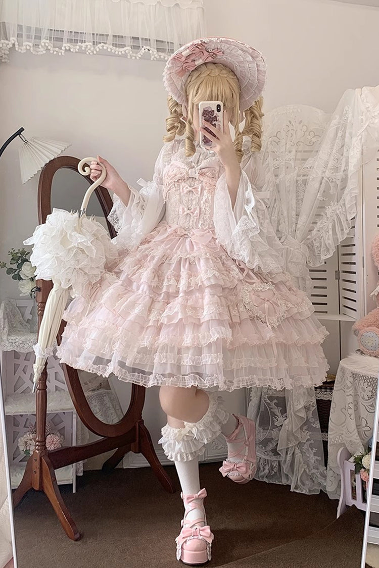 Pink Multi-Layered Ruffled Hanayome Embroidered Bow Lace Sweet JSK - Sweetheart Diary