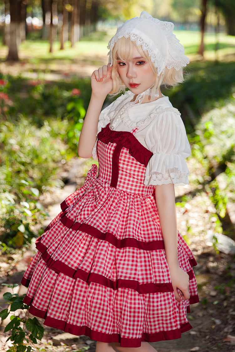 Red Triple-Layered Plaid Ruffle Bow Sweet Lolita Dress