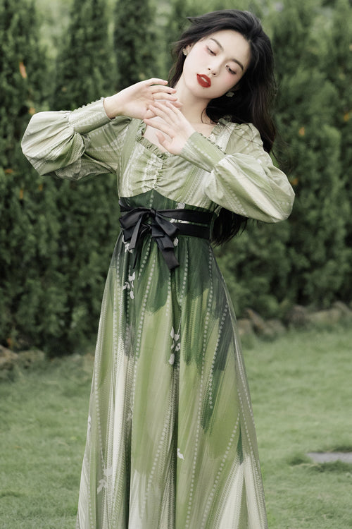 Emerald French Art Square Neck Long-Sleeve High-Rise Sweet OP