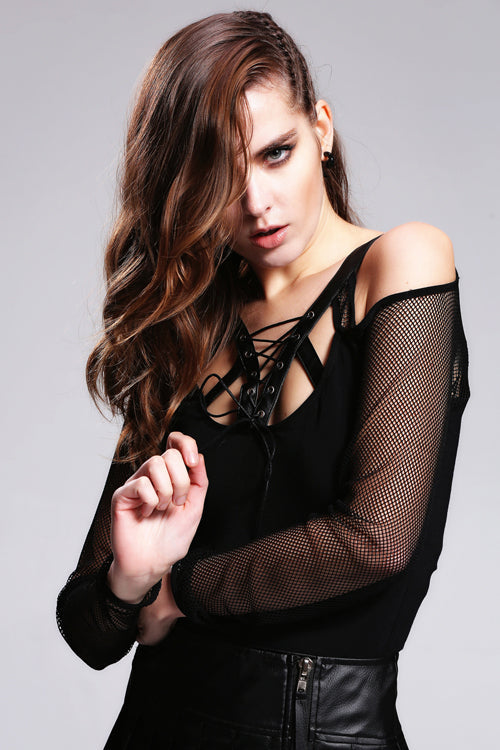 Leather Strap Lace-Up Punk Modal T-Shirt for Women