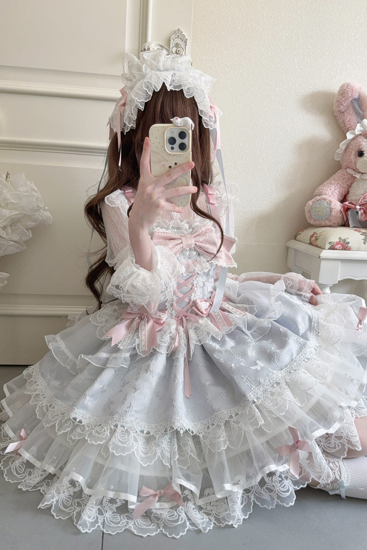 Blue Ballet Lace Ruffle Sleeveless Bowknot Sweet Jsk Dress - Fleishi Island