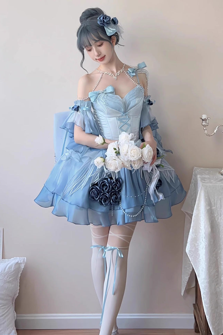Sky Blue Swan Wonderland Embroidery Bowknot Lace-Up Ballet Jsk Dress Short