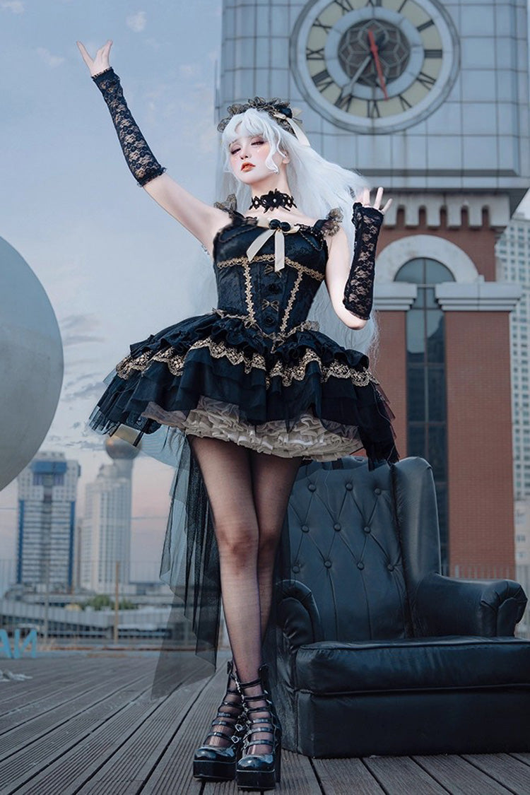 Sleeveless Multi-Layered Ruffle Bow Lace Gothic Ballet Jsk Dress