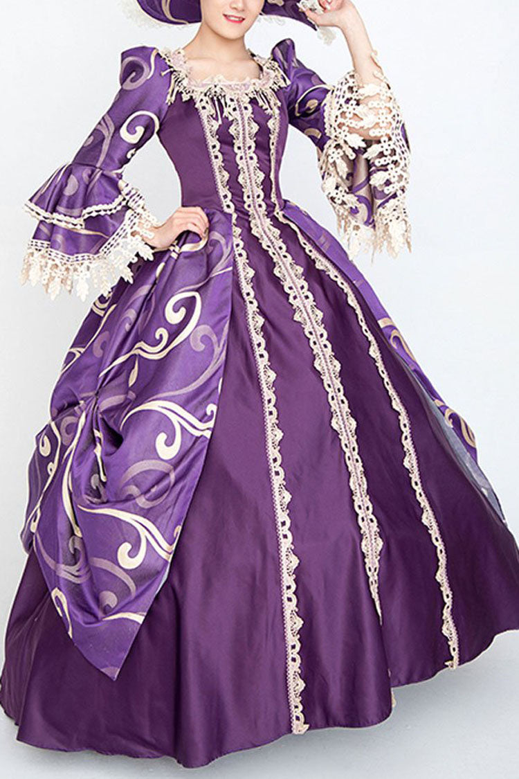 Violet Puffed-Sleeve High-Rise Floral Print Antique Gown