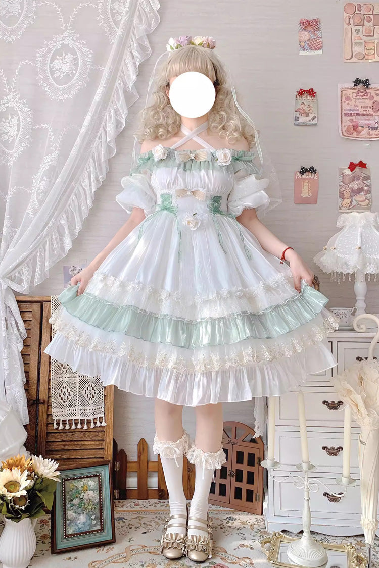 Long Sleeve Multi-Layer Ruffle Bow Lace Lace-Up Sweet Princess Lolita Dress - Green