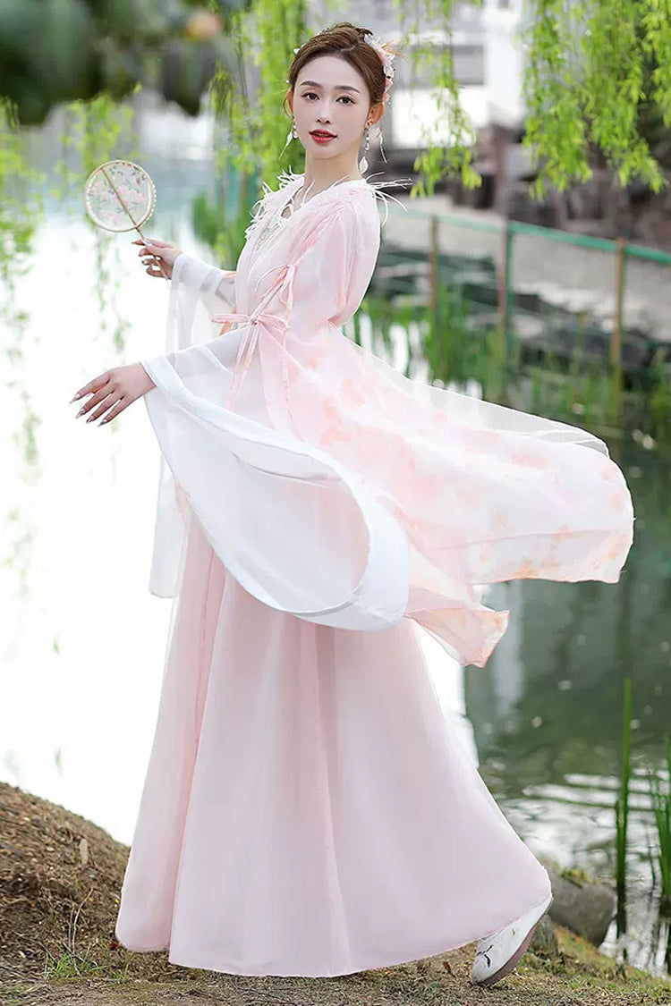 Rose V-Neck High Waist Lace-Up Feminine Sweet Hanfu Gown