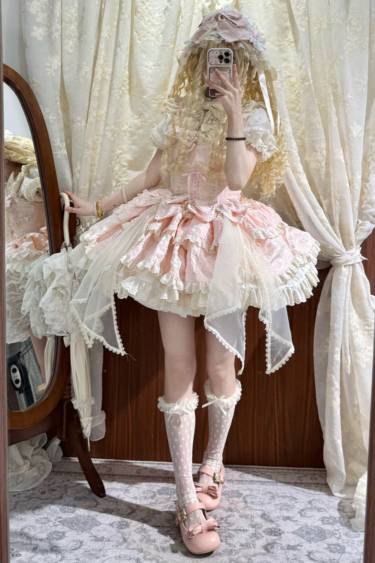 Pink Sleeveless Multi-Layer Ruffle Bow Princess Ballet Sweet JSK Dress