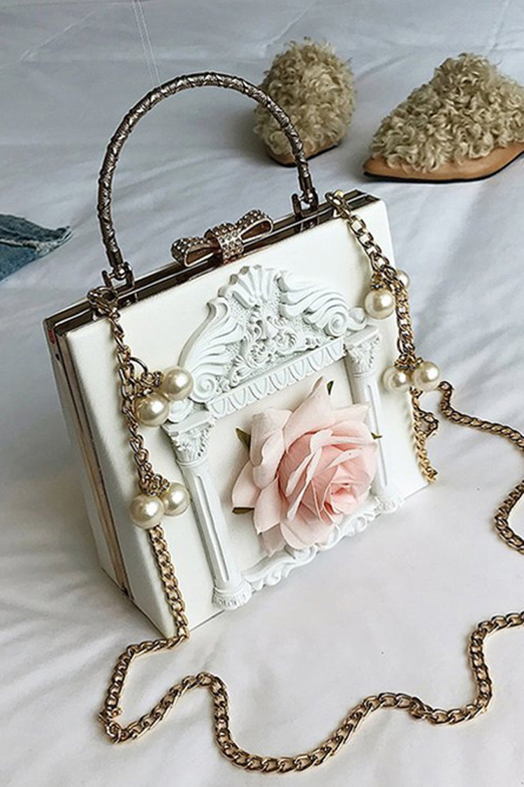 Vintage Gothic Shoulder Bag with Pearl Chain and Rose Motif
