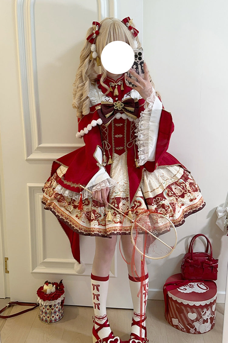 New Year Red Print Ruffle Bowknot Lace-Up Sweet Chinese Style JSK Dress