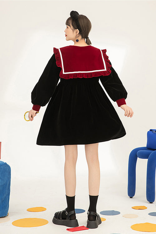 Noir Velvet Cat-Eye Neck Sweet Lolita Dress with Long Sleeves