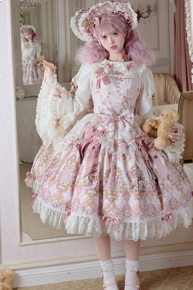 Antique Teddy Bear Sleeveless Printed Bow Lace Sweet Elegant Lolita Jsk Dress - Pink