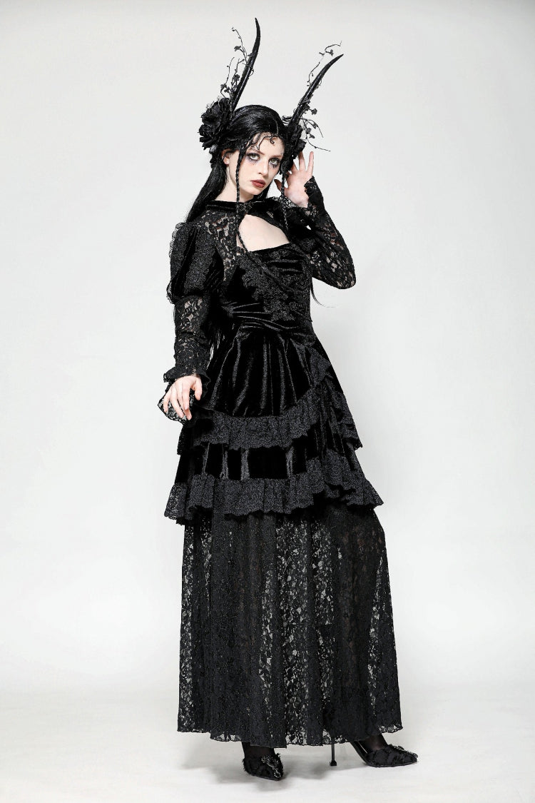 Jet-Black Gothic Evening Dress with Cutout Lace and Velvet Corset