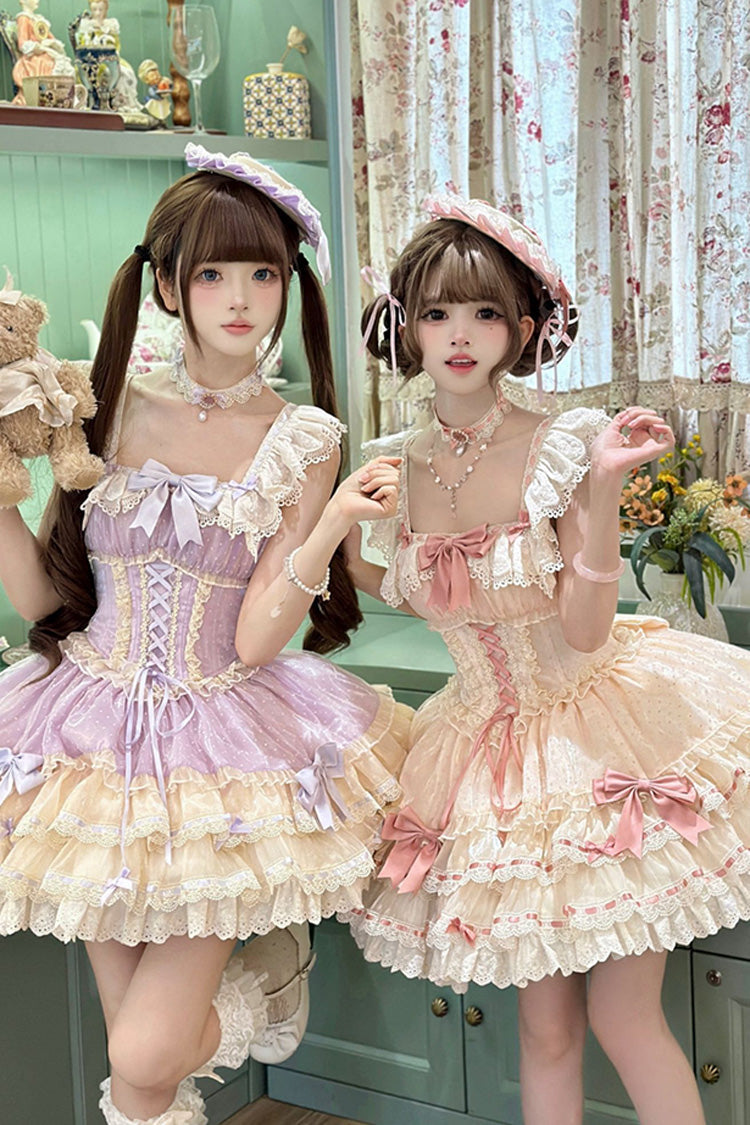 Flory Butterfly Violet Double-Layered Ruffle Bowknot Lace-Up Ballet Lolita JSK - Flory Butterfly