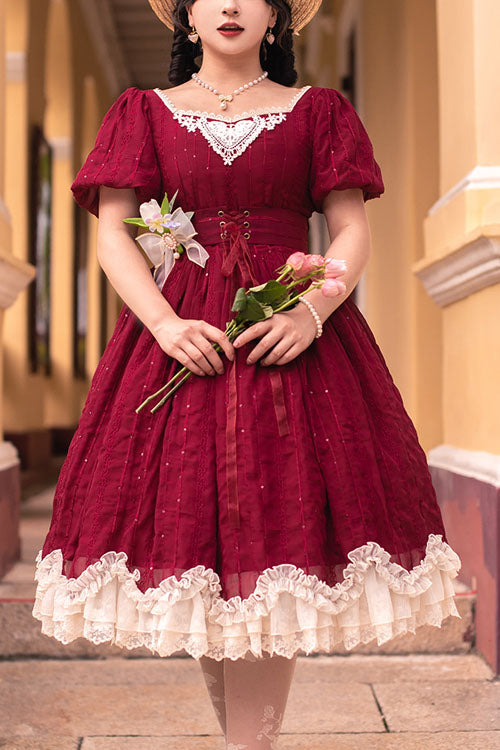 Burgundy Classic Square Neck Short Sleeve Layered Ruffled Elegant Lolita Dress