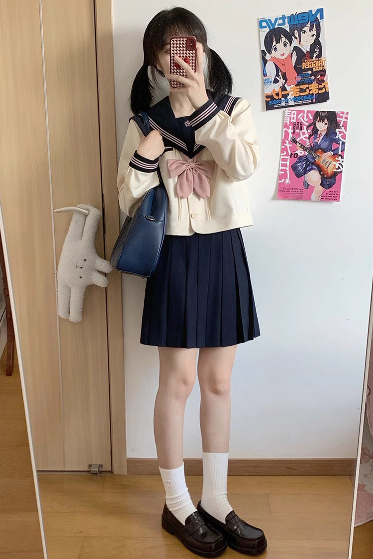 Navy/Ivory Sailor-Collar Long-Sleeve Sweet Japanese School Skirt Set