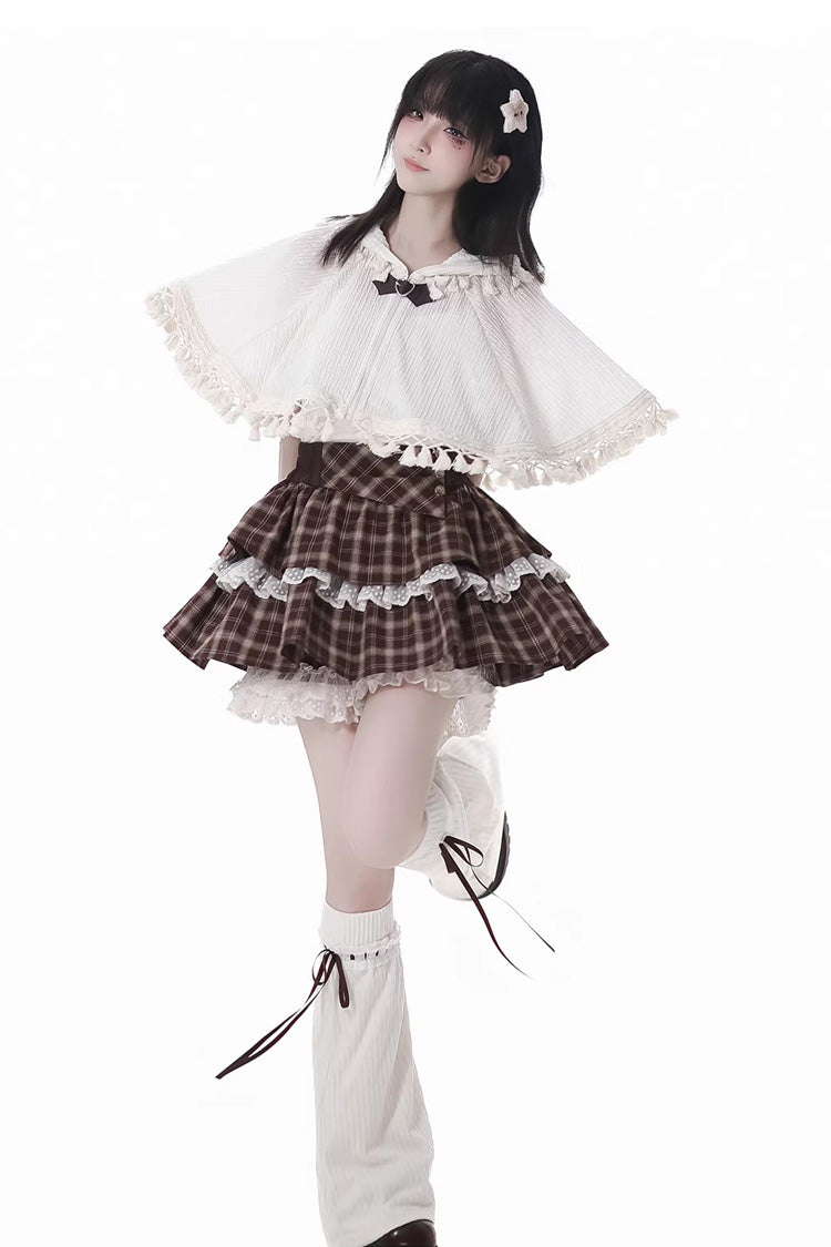 Brown Double-Layer Printed Ruffled Spliced Lace Sweet Skirt - Warm Summer Days