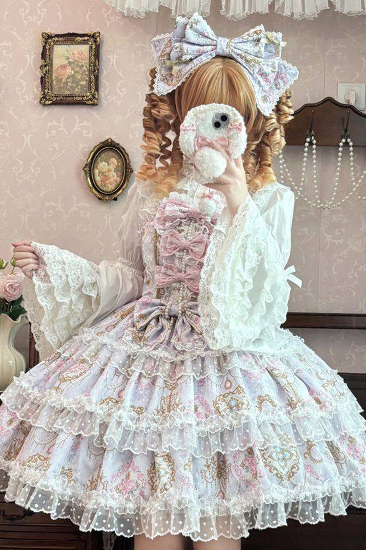 Candelabrum Elegy Violet Triple-Layered Flower Wall Print Ruffled Bow Lace Lolita JSK - Candelabrum Elegy