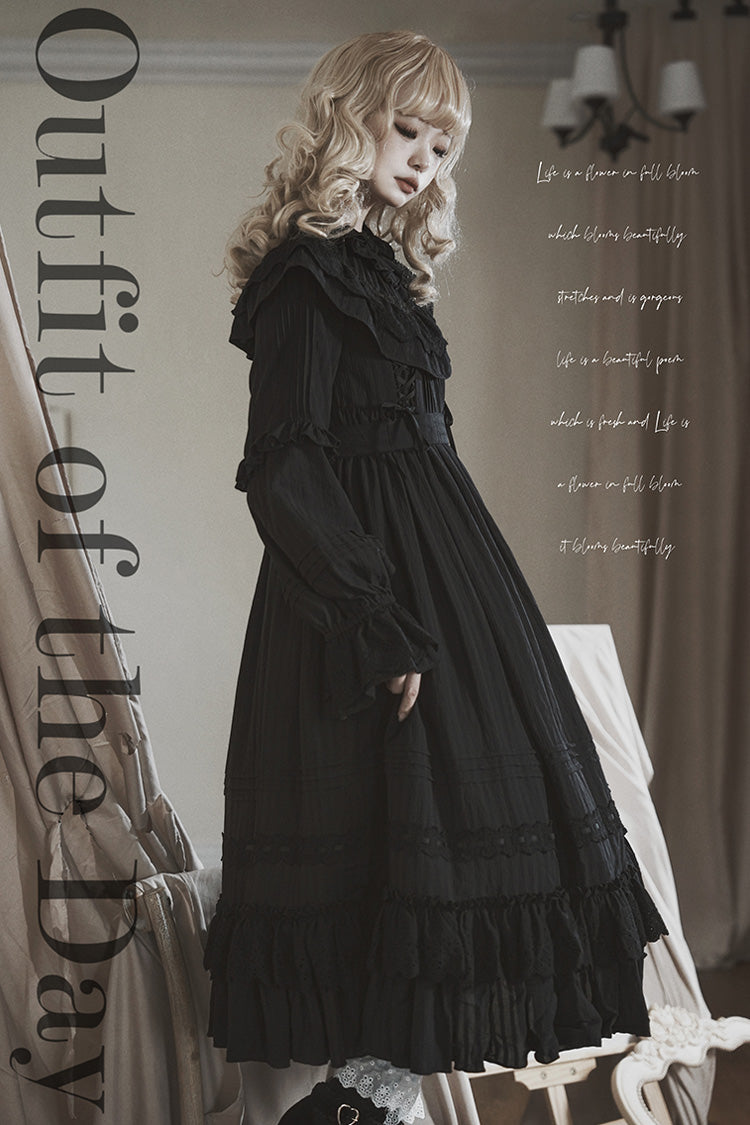 Good Night Black Long Sleeves Double-Layered Ruffle Bowknot Lace-Up Gothic Dress