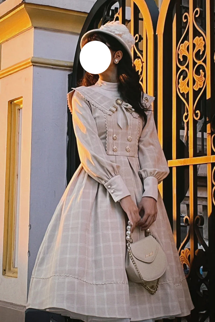 Apricot Elegant Sweet Lolita Dress with Long Sleeves Plaid Print and Bowknot Accents