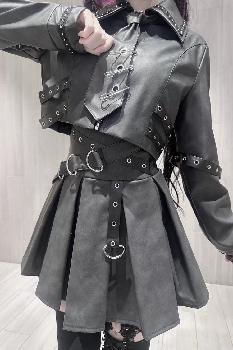 Eternal Night Lapel Collar Studded Eyelet Gothic Handsome Top Skirt Set