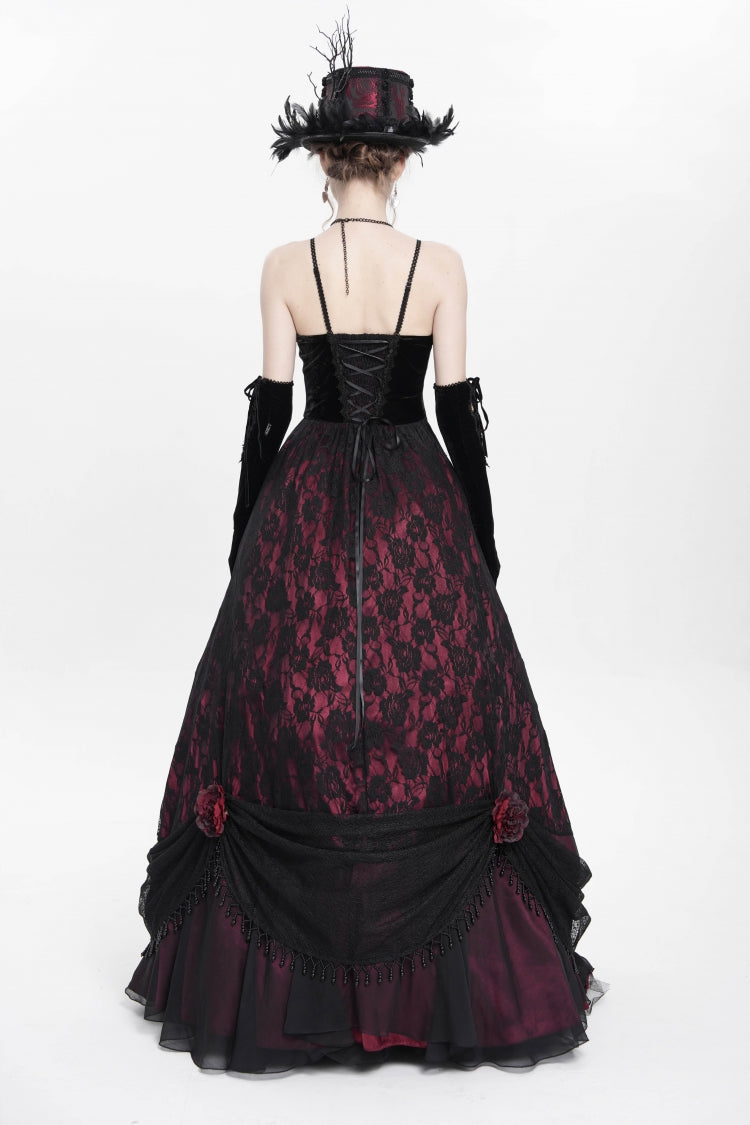 Scarlet Beaded Floral Embroidered Gothic Long Slip Dress