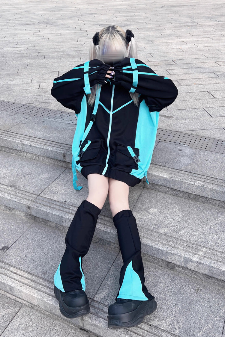 Black/Blue Cyberpunk Hooded Print Jirai Kei Sports Coat