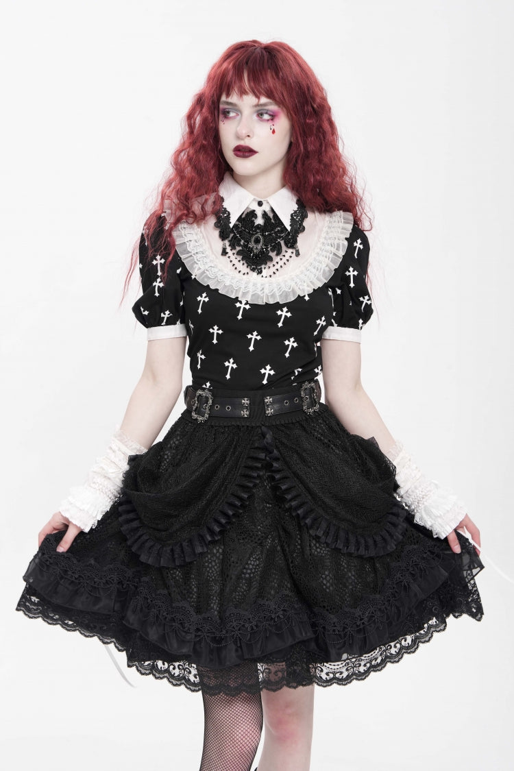 Gothic Skirt with Ruffle and Buckle Straps, Black