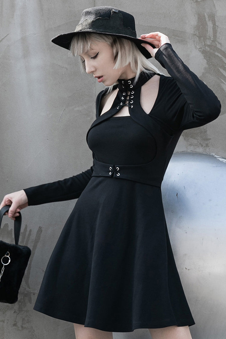 High Collar Front Chest Lace-Up Shoulder Hollow-Out Long Sleeve Punk Dress