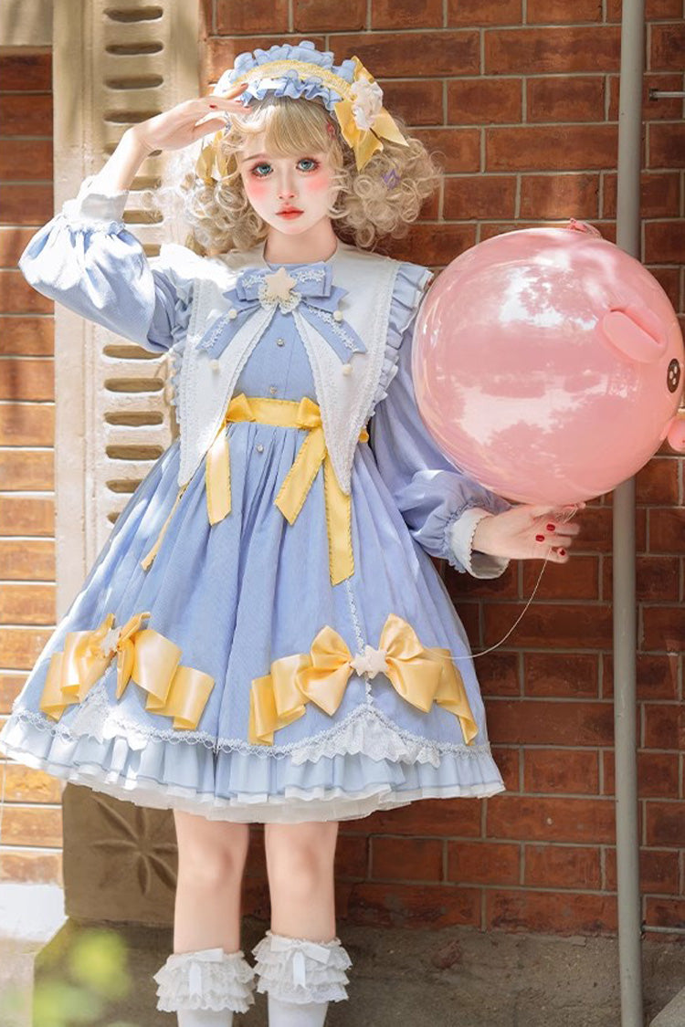 Azure Sleeping-Star Long-Sleeve Sweet Dress with Lace Stitching
