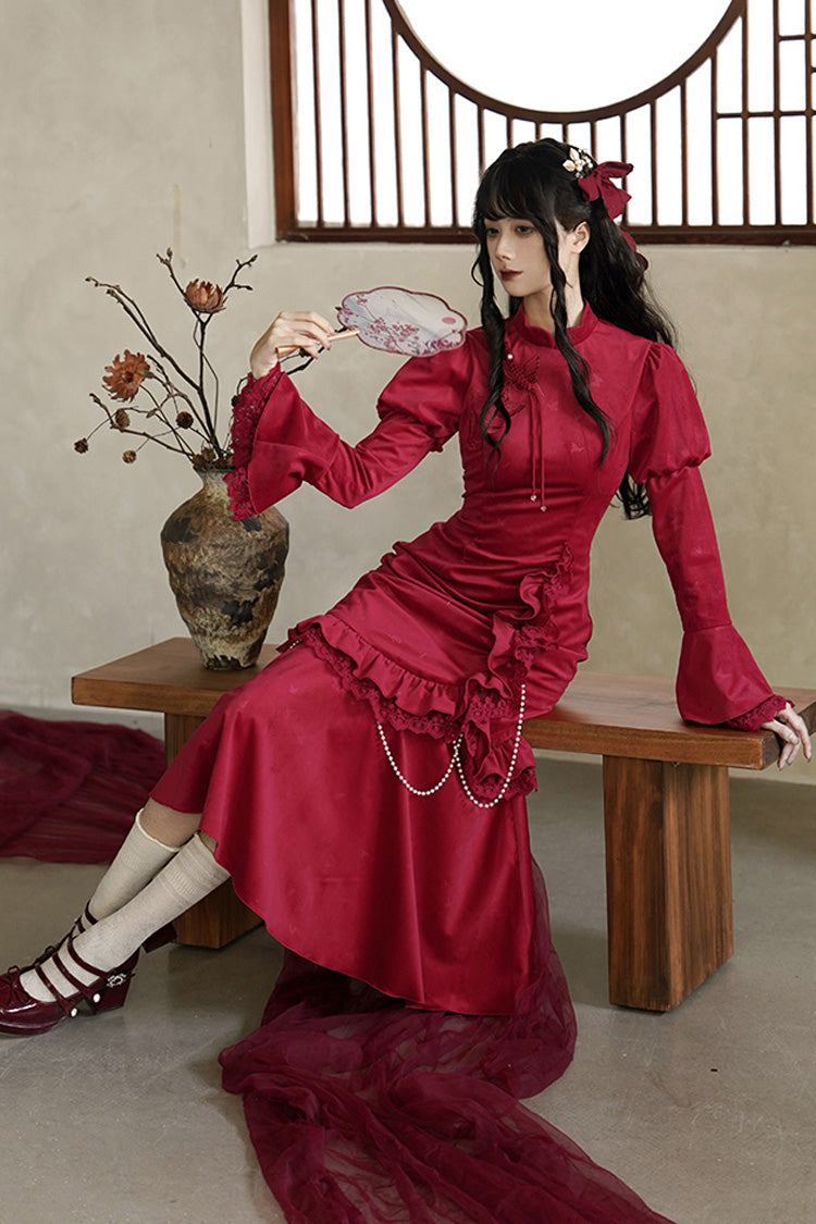 Scarlet Embroidered Lace Bow Classic Chinese Elegant Lolita Dress