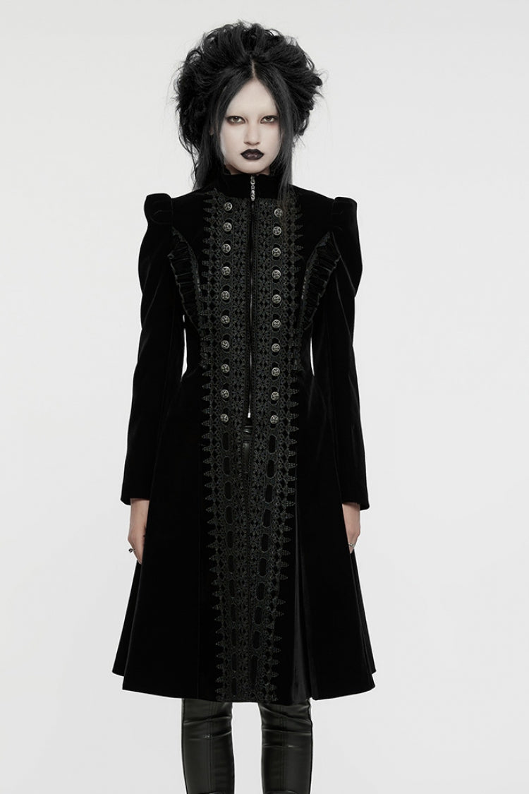 Jet-Black Gothic Coat with Puffed Sleeves and Floral Embroidery