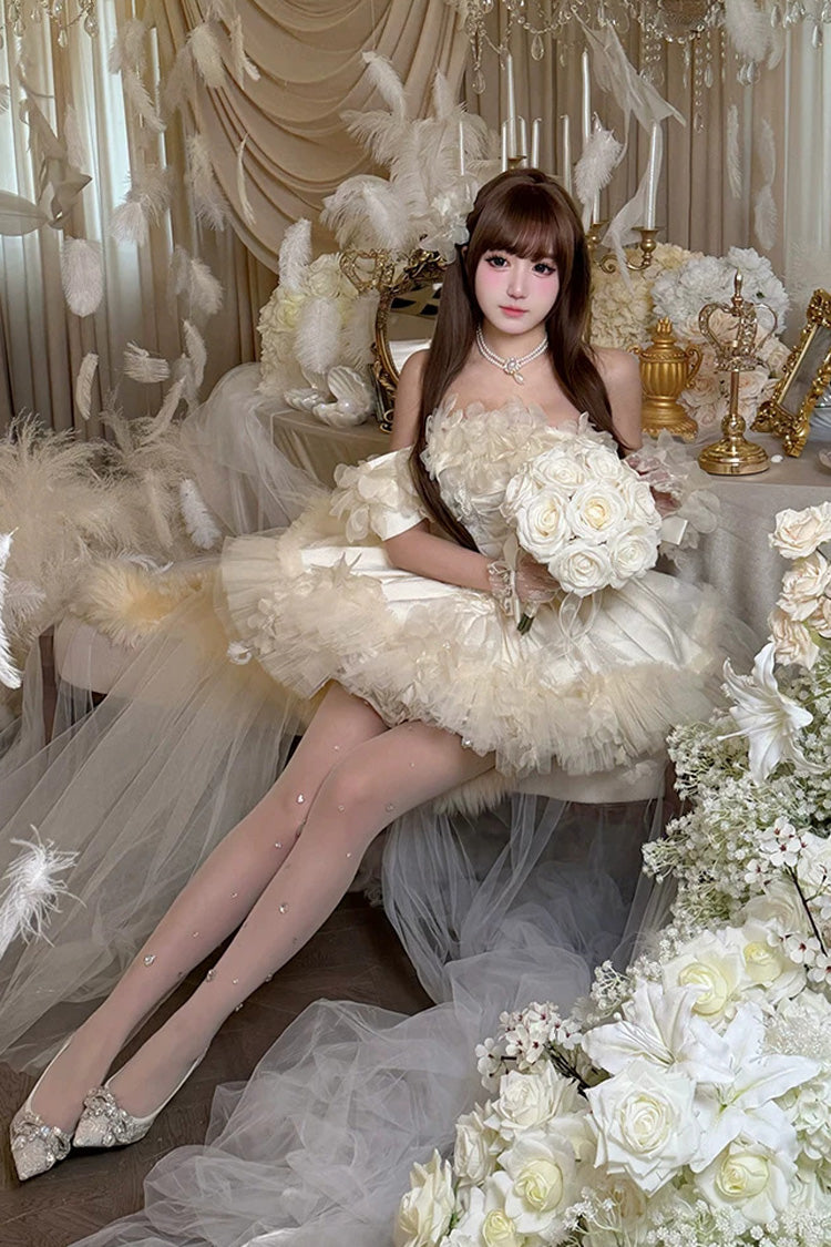 Apricot Sweet Lolita JSK Short Dress with Multi-Layer Ruffled Hanayome Bow Lace-Up and Sleeveless Design