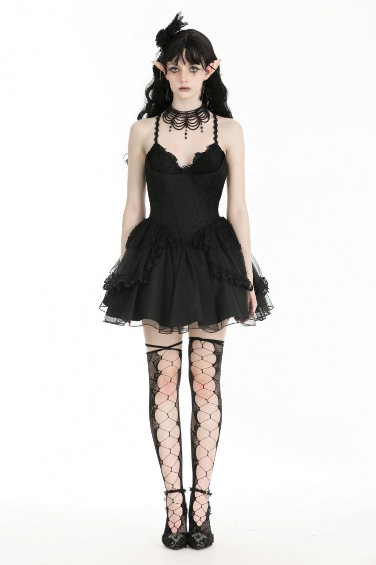 Lace Trimmed Lace-Up Gothic Party Slip Dress with V-Neck