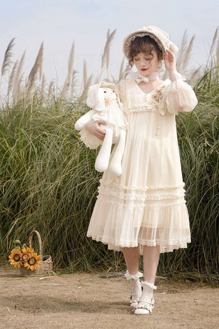 Ivory Sweet Princess Lolita Dress with Lace Embroidery Ruffled Bowknot - Sunflower Diary