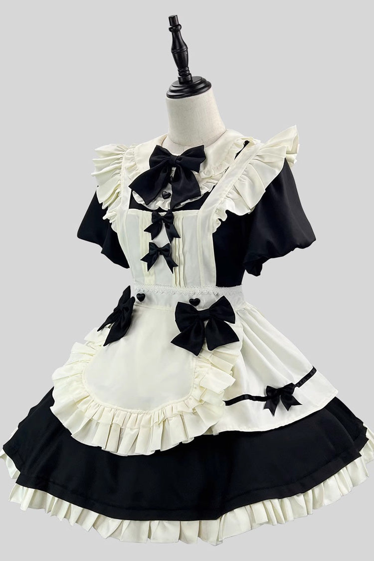Black/White Short Sleeve Ruffled Bow Lace Plus Size Maid Dress