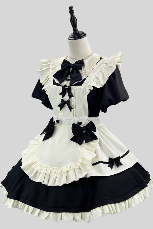 Black/White Short Sleeve Ruffled Bow Lace Plus Size Maid Dress