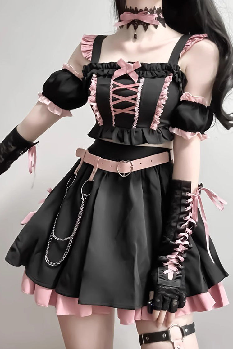 Black/Pink Tie Bow Gothic Sweet Strapless Two-Piece Dress Set - Sweet Lolita
