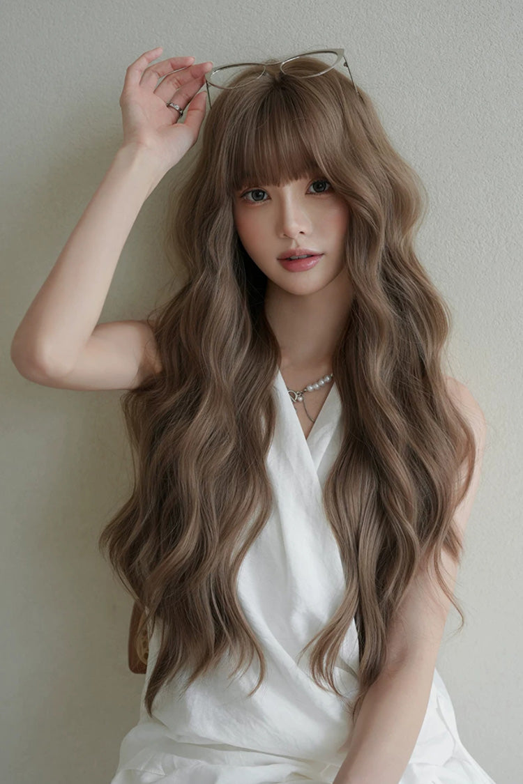Korean Fluffy Air Bangs Romantic Long Wavy Daily Sweet Lolita Wig, Two Tones