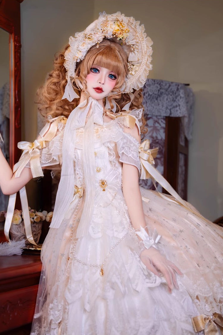 Glazed Phantom Off Shoulder Ruffle Hanayome Bow Lace Elegant Lolita Dress in Yellow