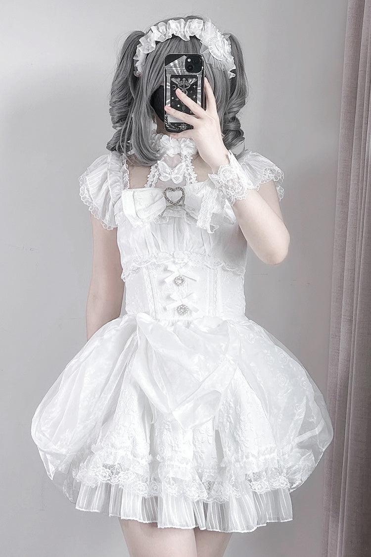 Ivory Halterneck Print Gothic Dress with Ruffles - Rose Dream