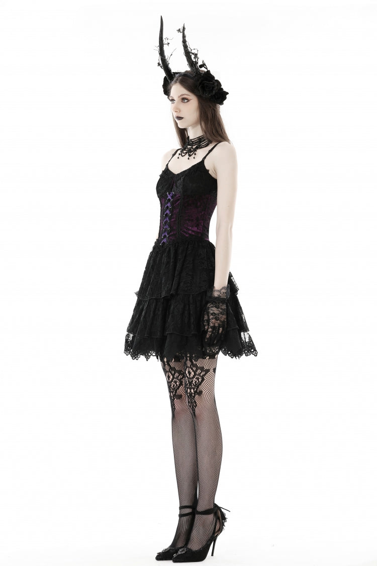 Black/Purple Multi-Layer Lace Lace-Up Gothic Dress