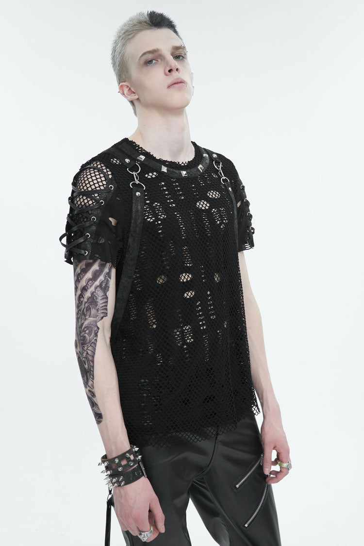 Punk T-Shirt for Men with Half Hollow Shoulder Tie Accent