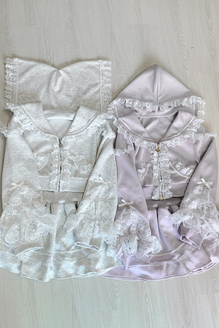 Heartbeat Rhythm Hooded Lace Long-Sleeve Jirai Kei Skirt Set - Pink